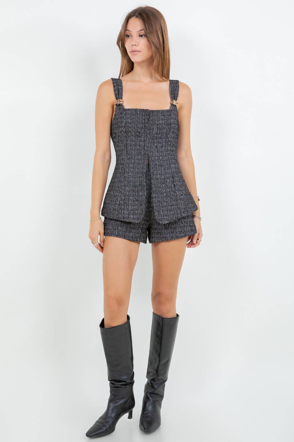 METAL TRIM ACCENT CORSET TWEED TOP - BLACK/WHITE