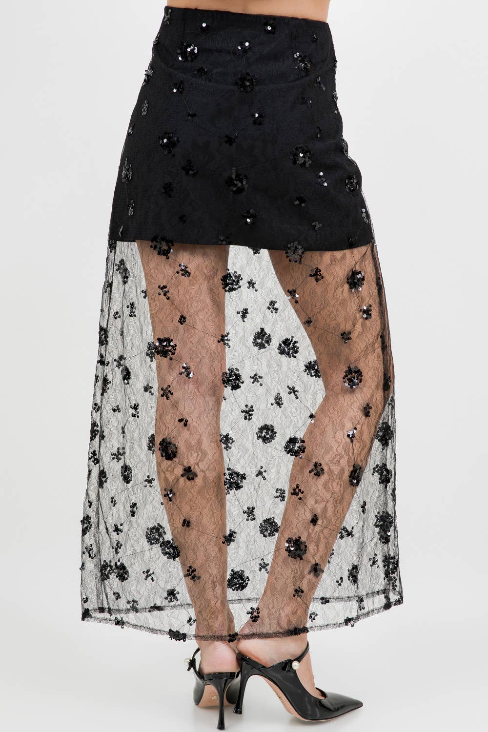 SEMI SHEER SEQUINED LACE MIDI SKIRT - BLACK