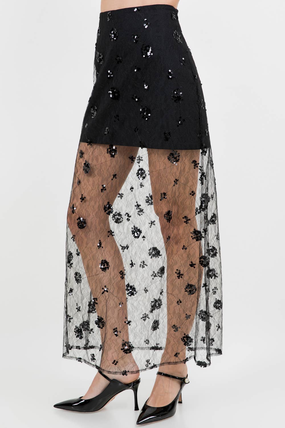 SEMI SHEER SEQUINED LACE MIDI SKIRT - BLACK
