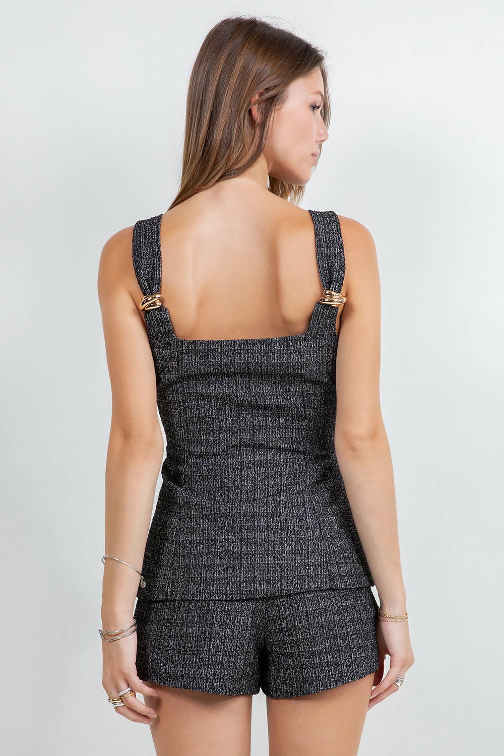 METAL TRIM ACCENT CORSET TWEED TOP - BLACK/WHITE