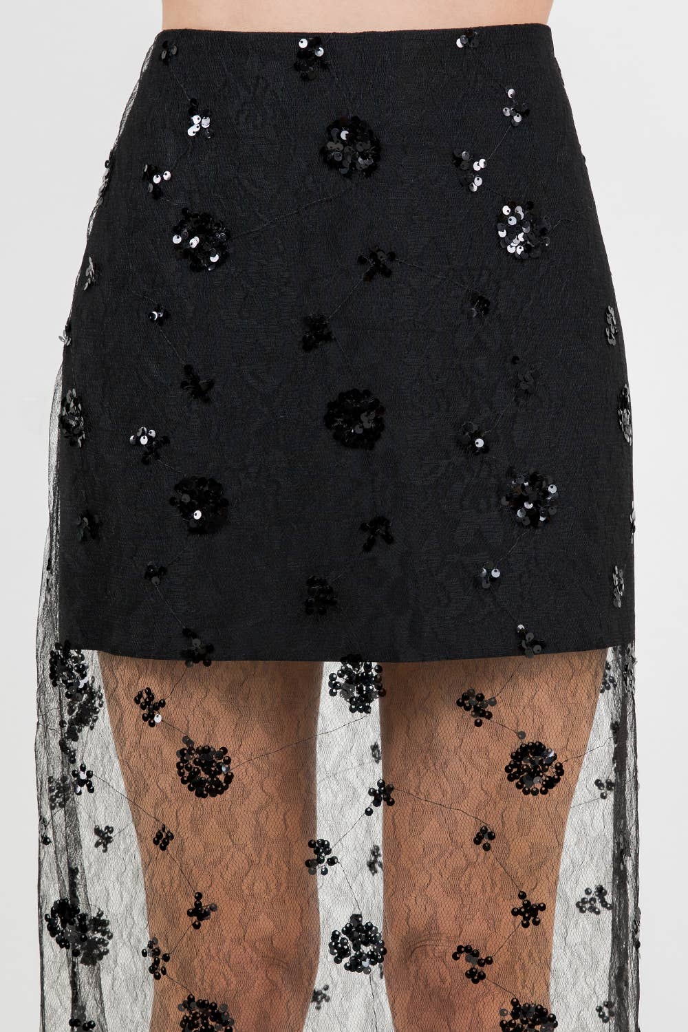 SEMI SHEER SEQUINED LACE MIDI SKIRT - BLACK