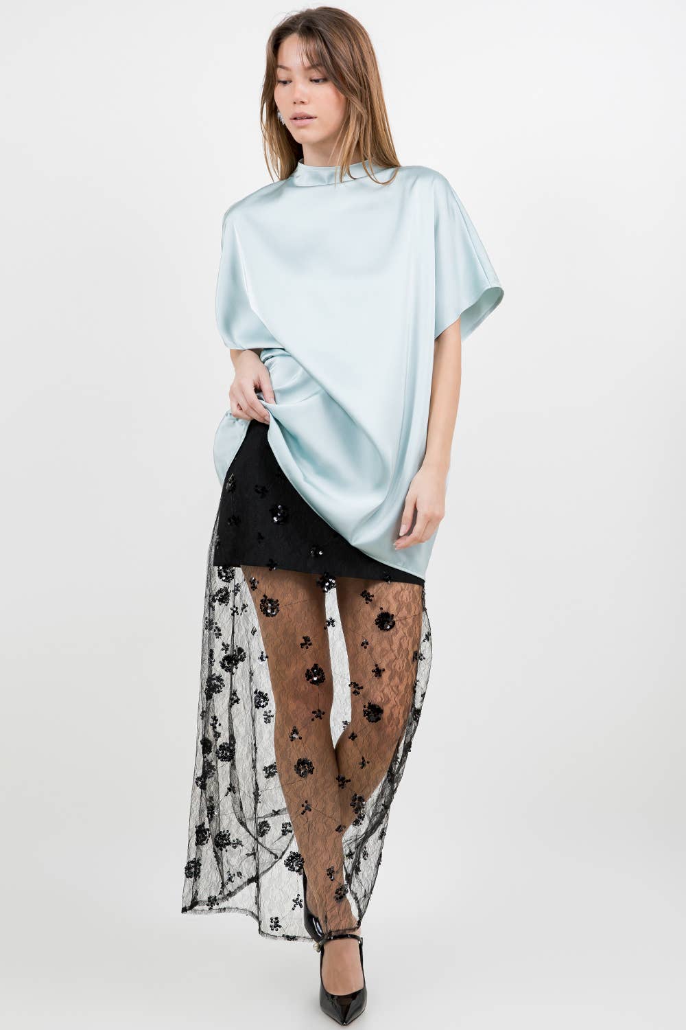 SEMI SHEER SEQUINED LACE MIDI SKIRT - BLACK