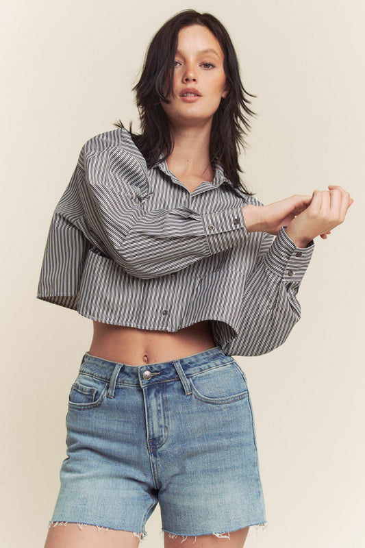 STRIPE POCKET BUTTON DOWN CROP SHIRT