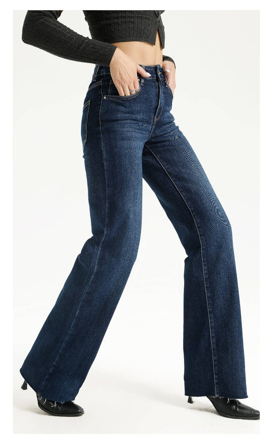 High waist stretchy wide-leg jeans with raw hem in dark blue