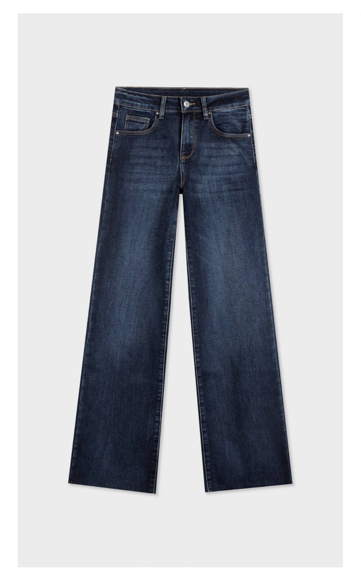 High waist stretchy wide-leg jeans with raw hem in dark blue