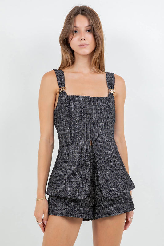 METAL TRIM ACCENT CORSET TWEED TOP - BLACK/WHITE